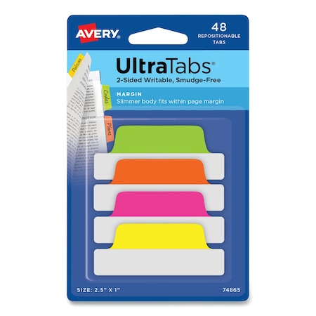 Avery Ultra Tabs Repositionable Tabs, 2.5 x 1, Assorted Neon, PK48 74865